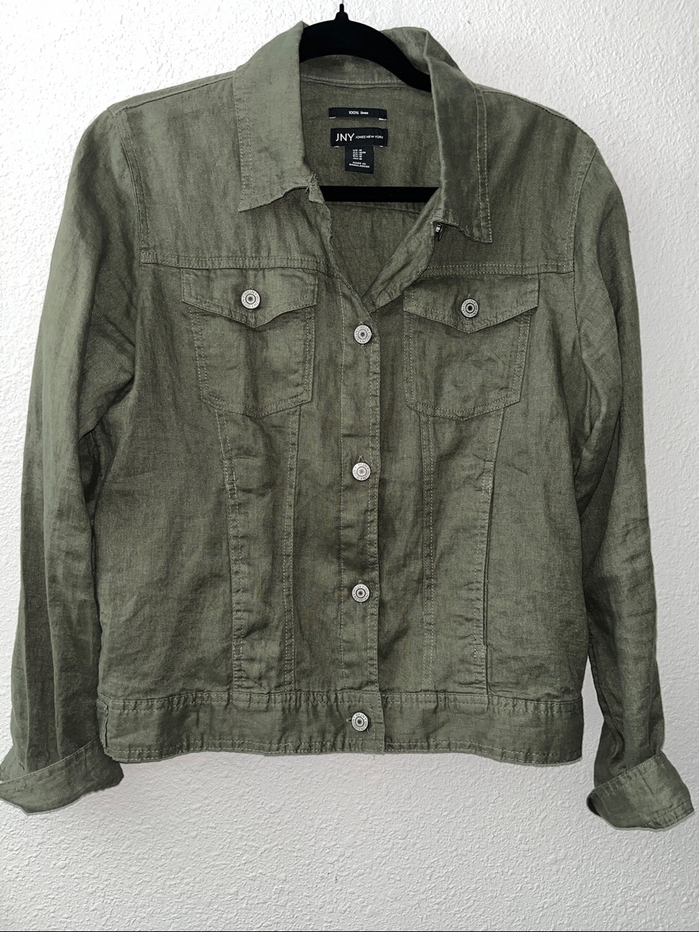Jones New York Linen Olive Green cropped Button Jacket
Sz M